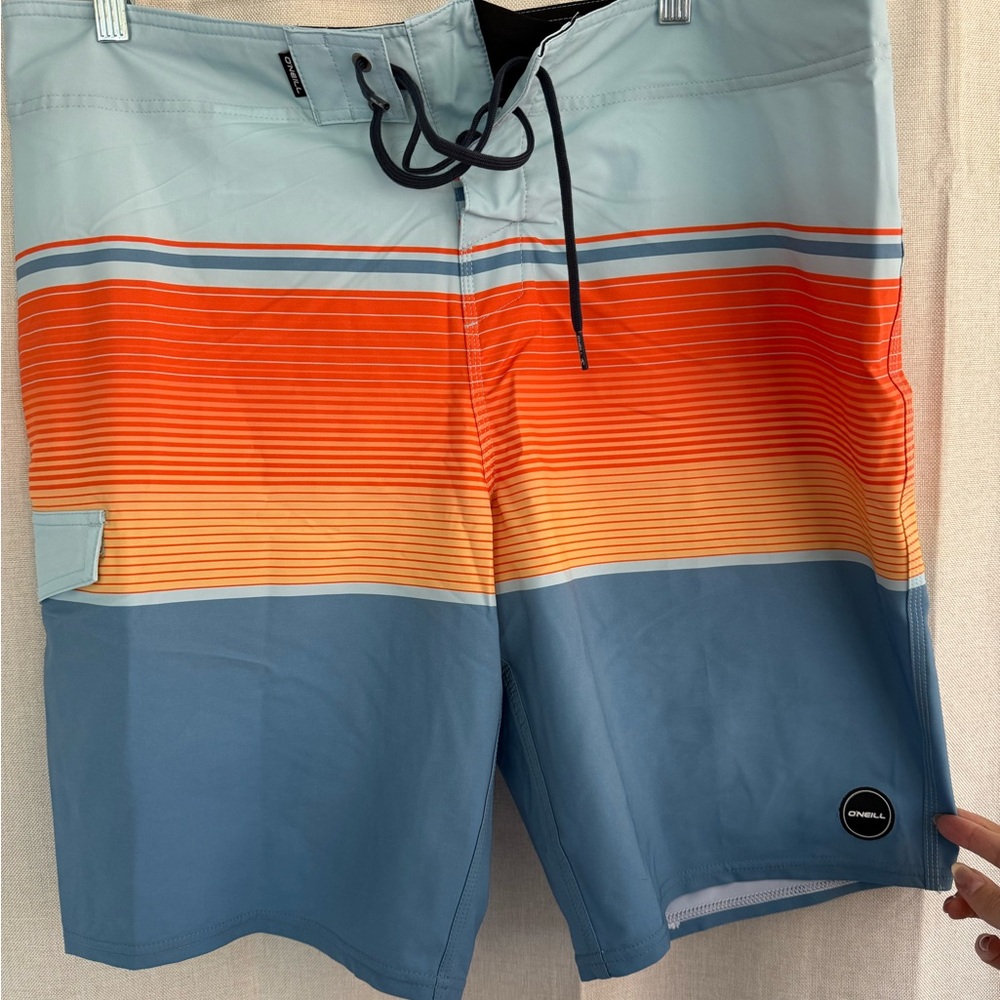 O'Neill Men's Blue and Orange Striped Board Shorts